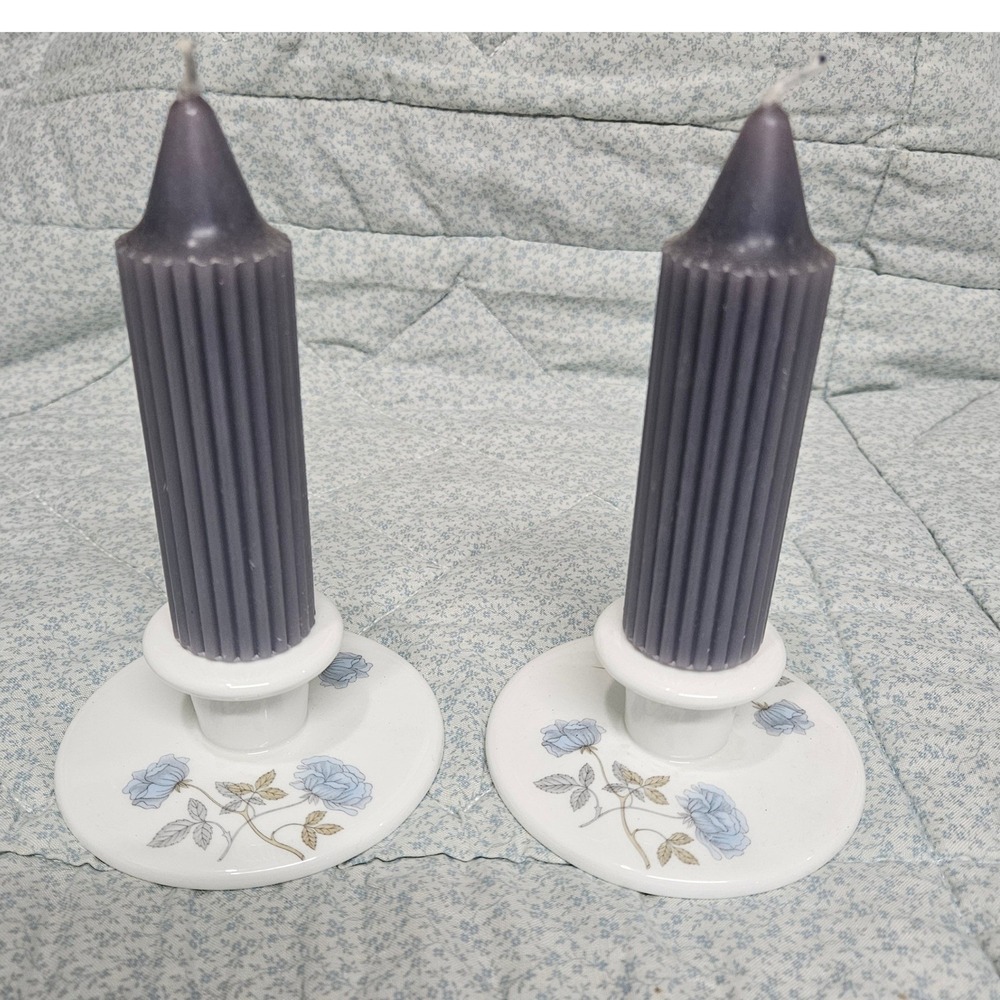 Vintage Wedgwood Bone China ICE ROSE Set of 2 Candlesticks 1.5" England